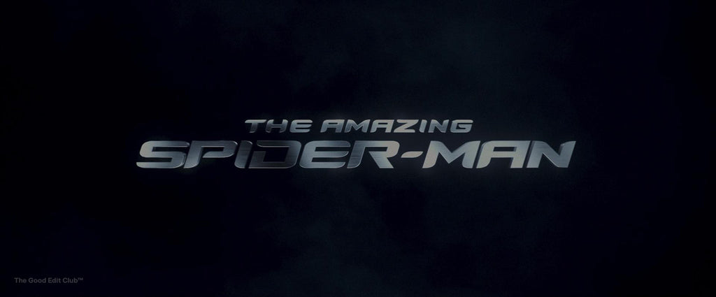 The Amazing Spider-Man (2012) film title with metallic chrome text effect and subtle blue highlights, against a dark misty background, reflecting the movie's sleek, modern take on the superhero genre.