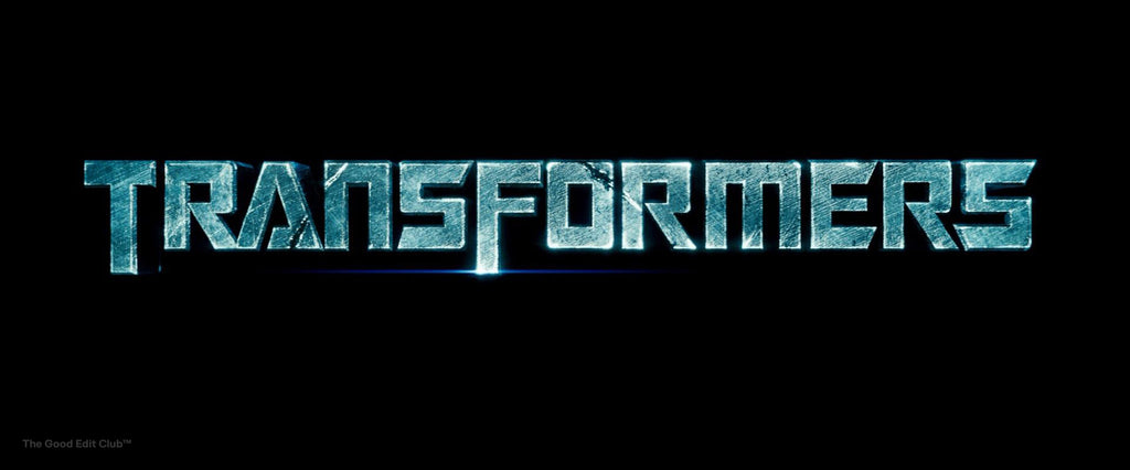 Transformers (2007) movie title with a textured chrome text effect, glowing edges, and a futuristic style, against a dark backdrop, reflecting the film's high-energy, robotic themes.