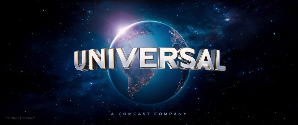 Universal Studios logo with a chrome text effect over a stylized earth, conveying global reach with a metallic sheen that suggests a high-quality, cinematic experience.