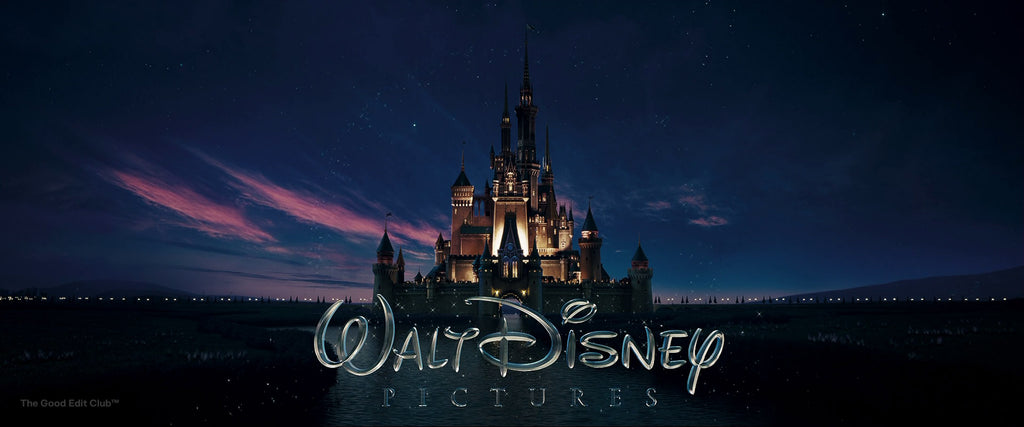 Walt Disney Pictures logo with a glossy metallic text effect, set against a whimsical castle and a starry twilight sky, encapsulating the magical and dreamlike essence of the Disney brand.