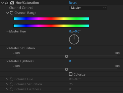 Using the Hue/Saturation effect to shift the colours and rotate the hue of the VHS effects