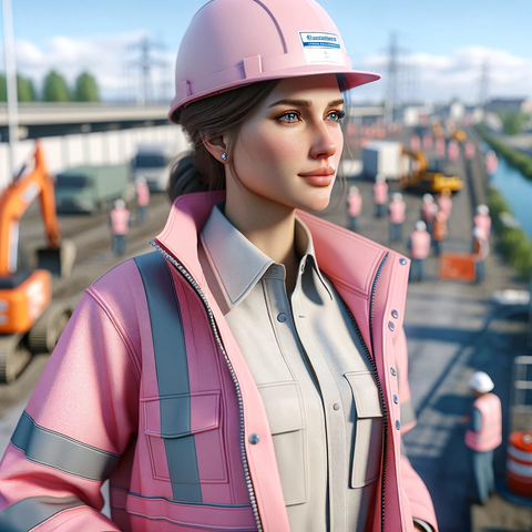 female construction worker with pink hi-vis jacket