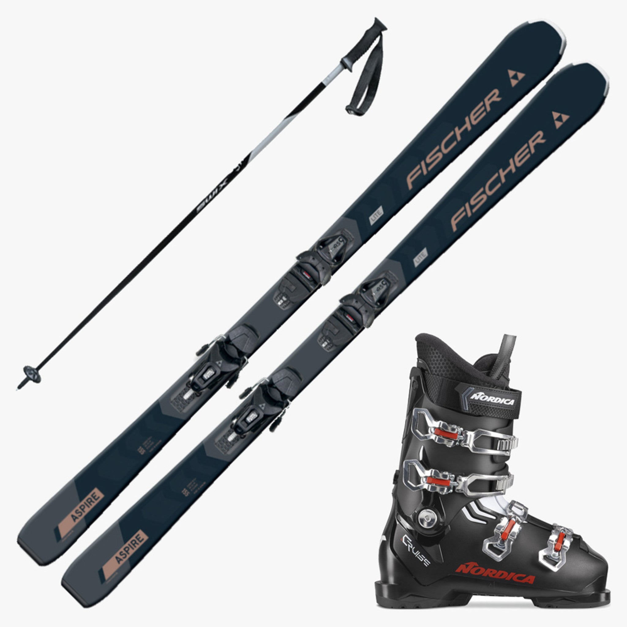 2024 Fischer Aspire SLR Pro Women's Ski w/ Nordica Cruise S Boots and Poles, Complete Alpine Ski Packages