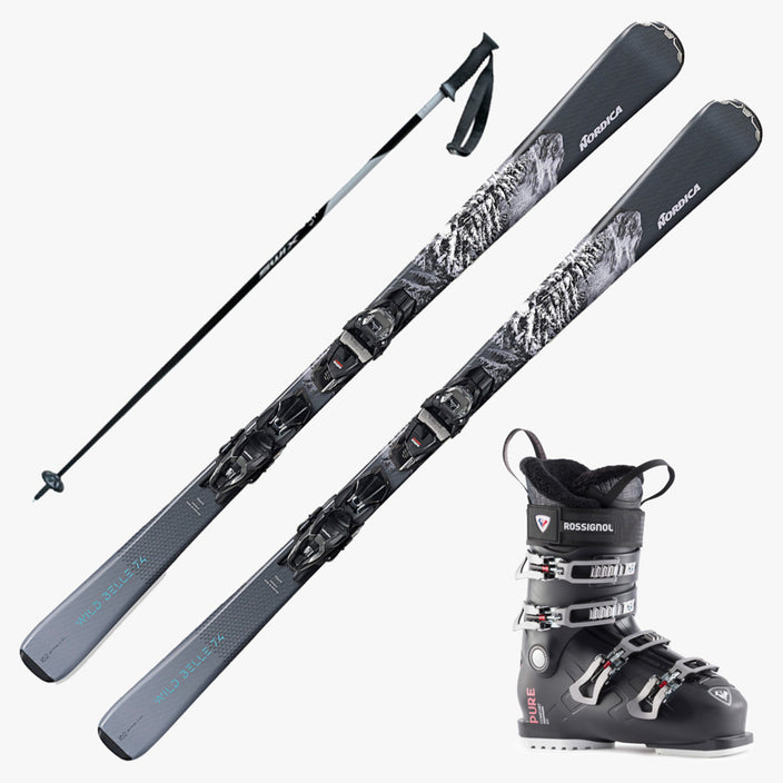 2024 Nordica Wildbelle 74 Ski w/ Rossignol Pure Comfort 60 Boots and Poles, Complete Alpine Ski Packages