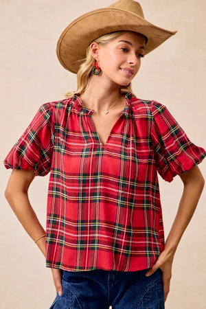 BiBi Christmas Plaid Short Sleeves Ruffled Blouse - Huzgo