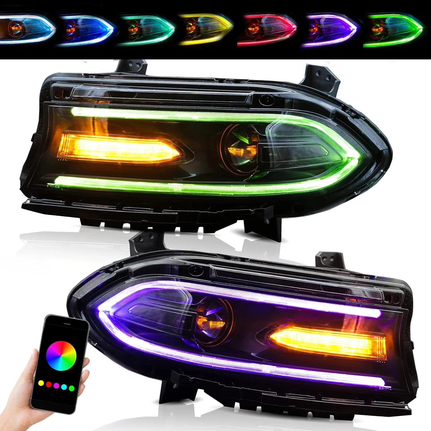 RGB Headlights for Dodge Charger 2015-2020 W/Dual Beam Lens DRL RGB Front light with Turn Signal Plug-n-Play Headlamp