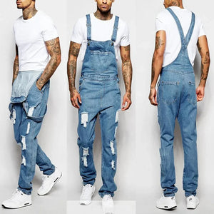 Men Jeans Denim Holes Pencil Pants Washing Overalls One Piece Jumpsuits Slim High Street Solid Casual Pockets Distressed rompers - UrbanGuerillaPhilly