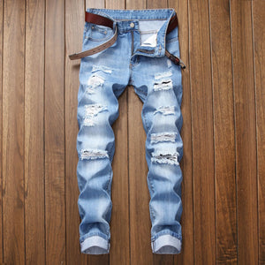 Fall New Men's Wear Ripped Straight Fit Stretchless Jeans Fashionable Blue Casual Social Hip Hop Party High Quality Denim Pants - UrbanGuerillaPhilly