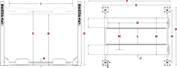 Dimensions For BendPak HD-9 4 Post Car Lift