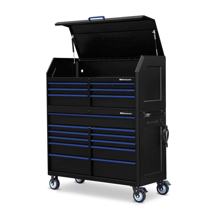 Montezuma Storage 56 in X 24 in 17-Drawer Rolling Tool Chest and Cabinet Combo in Blue and Black