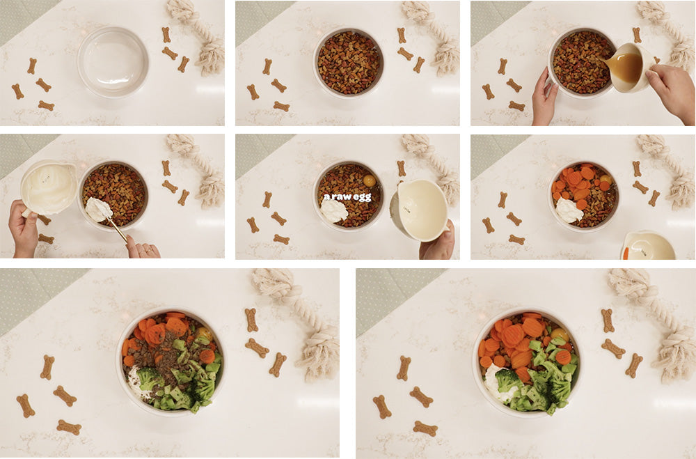 8 sequential images showing adding ingredients to a dog food bowl including, kibble, broth, yogurt, egg, carrot, and brocolli