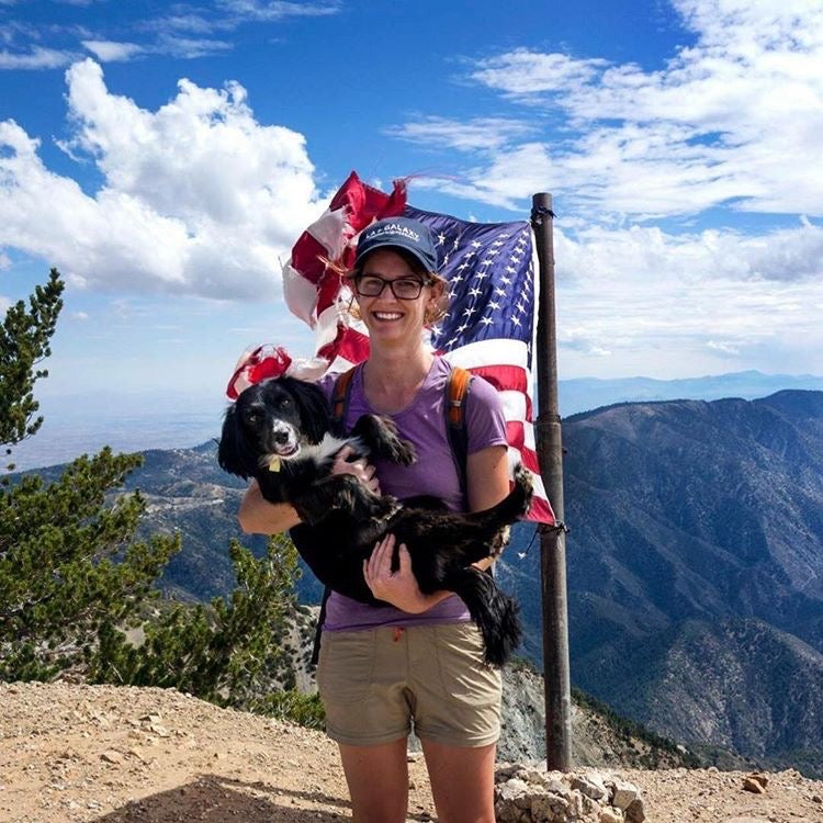 small black dog being held by woman in hiking gear on top of mountain 