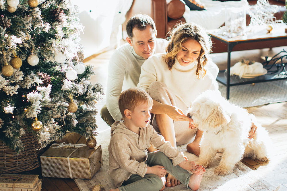 A family with a little white, hairy dog celebrating Christmas in front of the tree