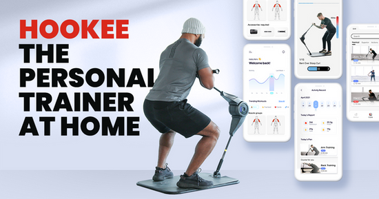 A man is using HooKee Smart Gym to squat. There several pics to show the function of HooKee fitness App as a personal trainer at home