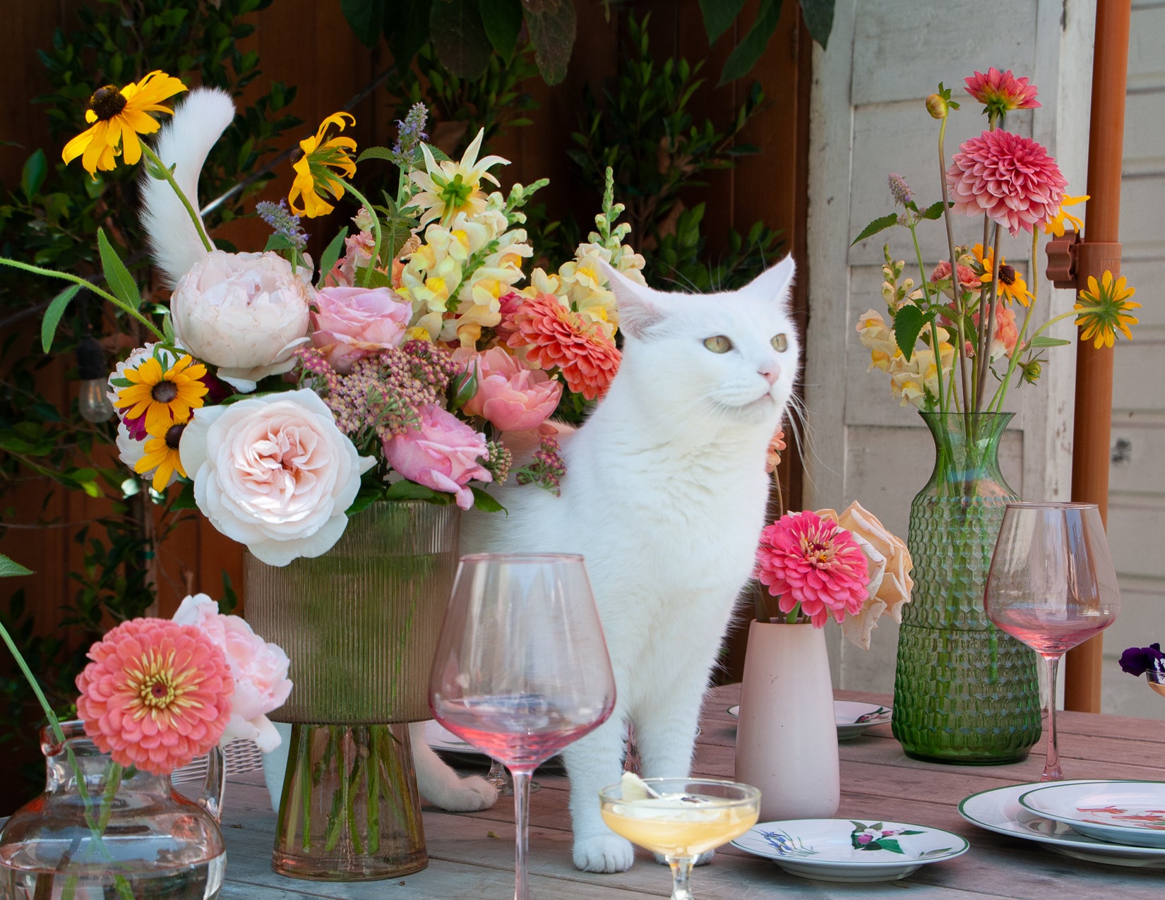 A WildFlora outdoor brunch setup with organic local flowers including dahlia, rudbeckia, snapdragon, garden rose, yarrow, allium, and veronica. The flowers are pink, orange, yellow, and purple. They are arranged in various vases on a wood table. A white cat stands hidden behind the flowers.