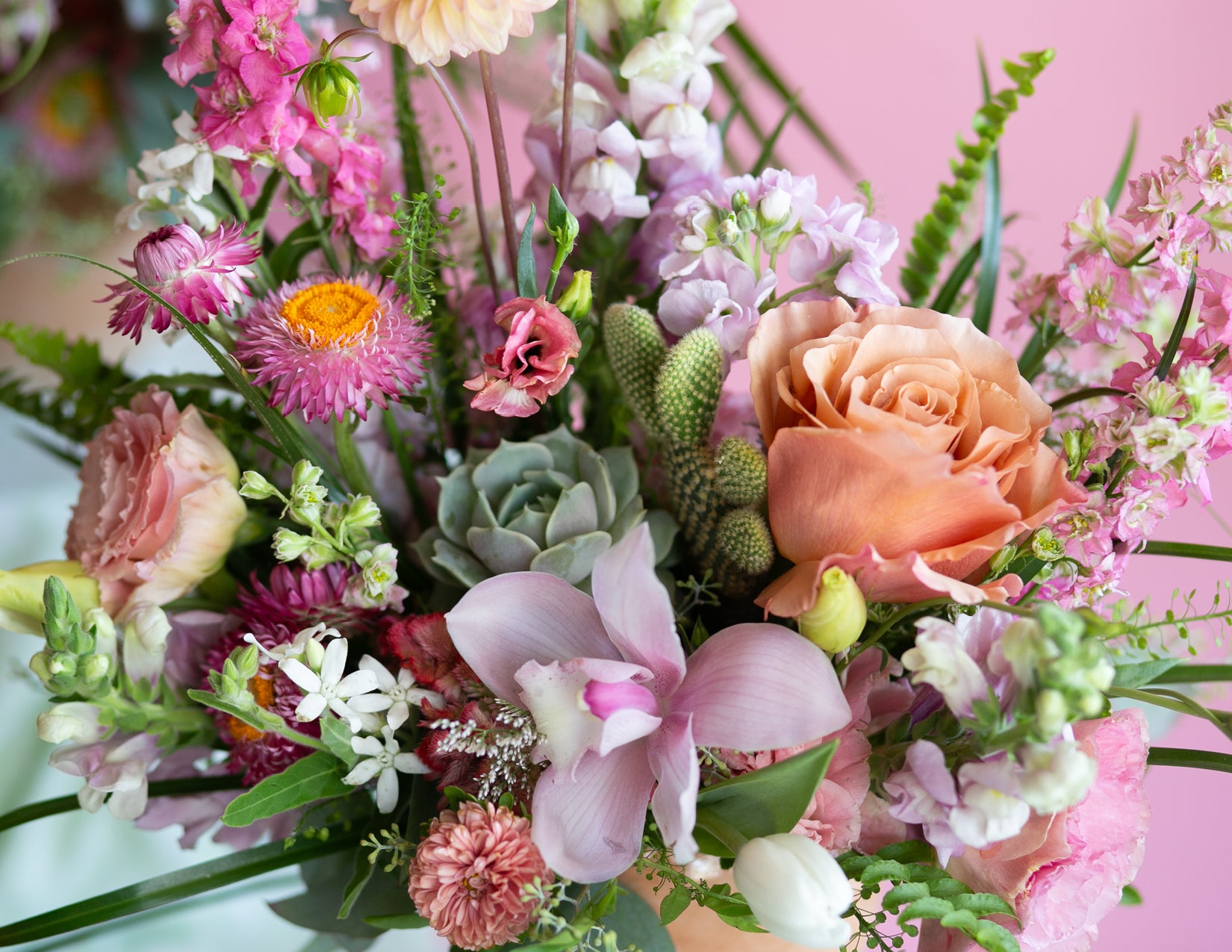 A small pink, peach, white, and green flower arrangements in front of a pink backdrop. The design is inspired by both the desert and lush vibes of Palm Springs, California, and includes cacti, succulents, roses, anthurium, cosmos, lisianthus, Queen Anne's lace, foxtail lily, orchids, snapdragon, palm fronds, and foliage in a round terracotta pot.