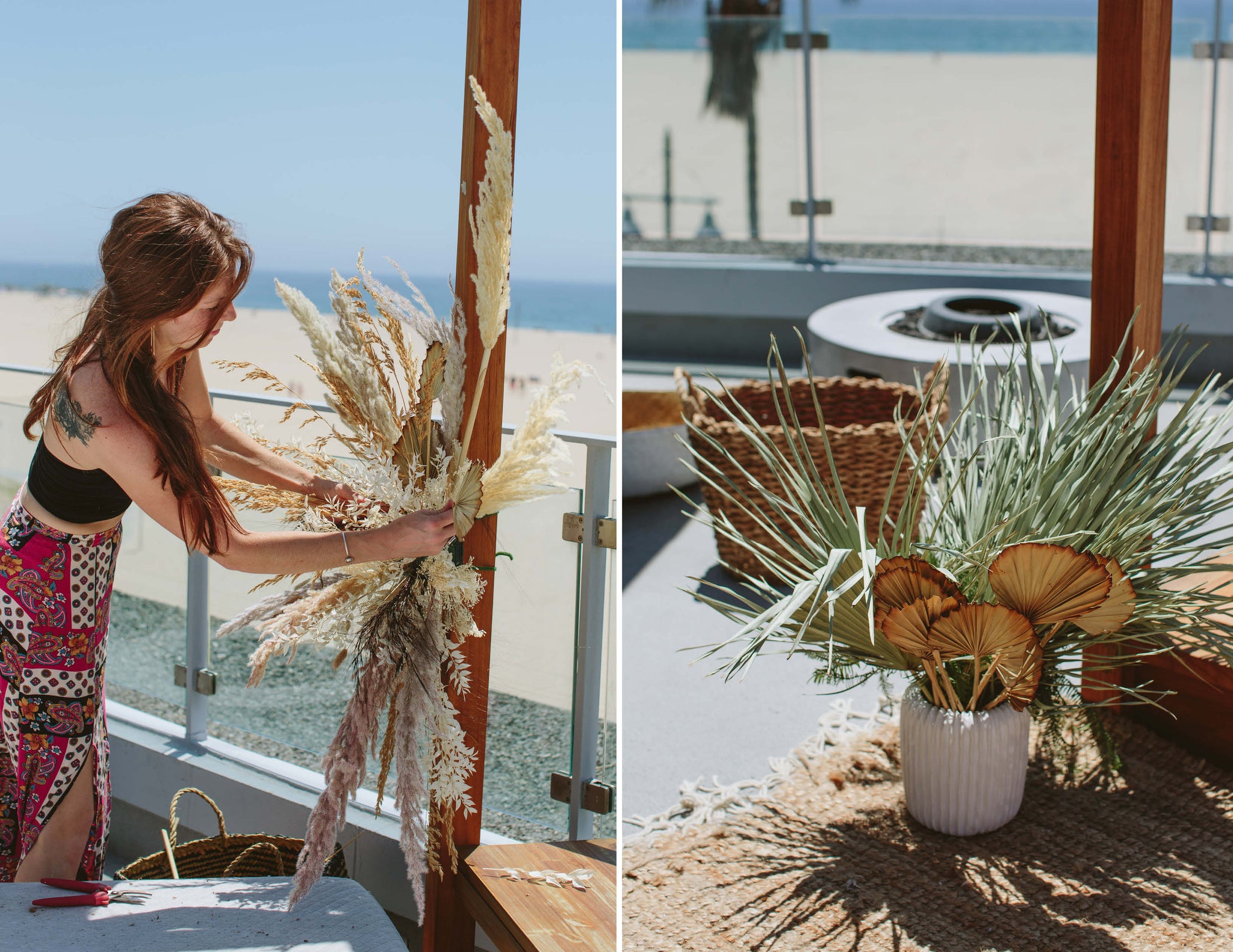 12th Tribe Rooftop Summer Boho Beach Dreams Event | Photographer @theeternalchild | The Eternal Child Sashi Venice Wildflora Los Angeles florist Ventura Blvd Studio City California Original Farmers Market The Grove flower delivery bouquet floral event special color palette neutral beige sand sand brown pale light pastel pink green gold maroon dried muted white ceramic planter pottery container woven basket pampas grass black palm fan variegated rug fire place redhead shoulder tattoo installation