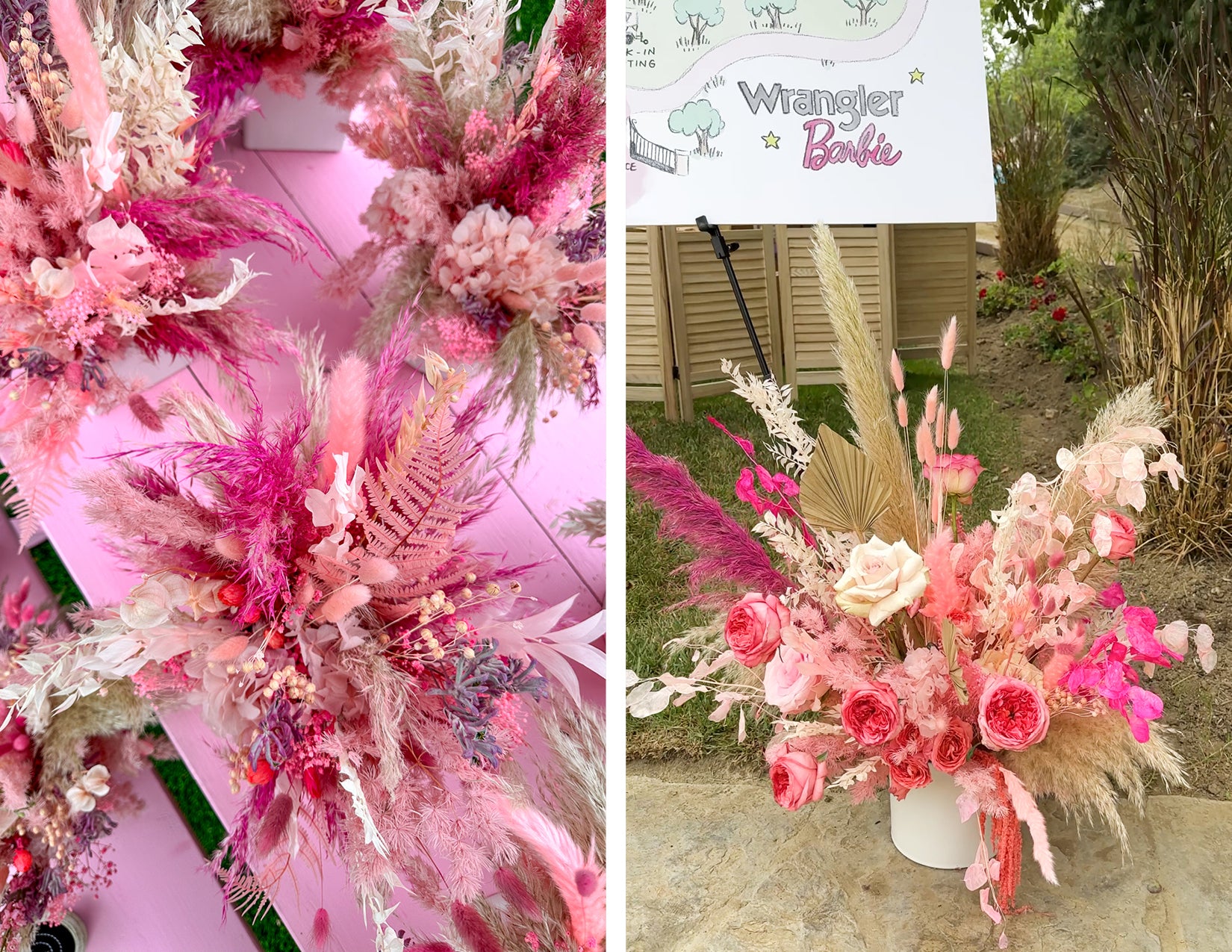 WildFlora Barbie Wrangler event pink tan white pampas grass Paddock Riding Club installation rose Juliette dried eucalyptus fan palm