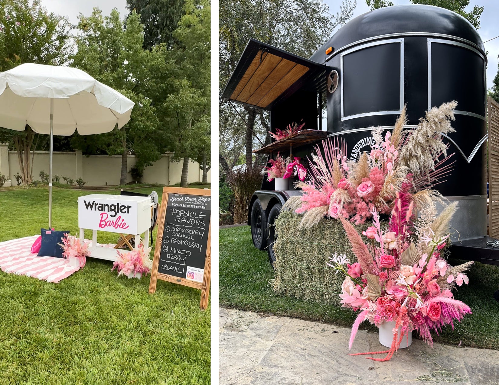 WildFlora Barbie Wrangler event pink tan white pampas grass Paddock Riding Club installation rose Juliette dried eucalyptus fan palm