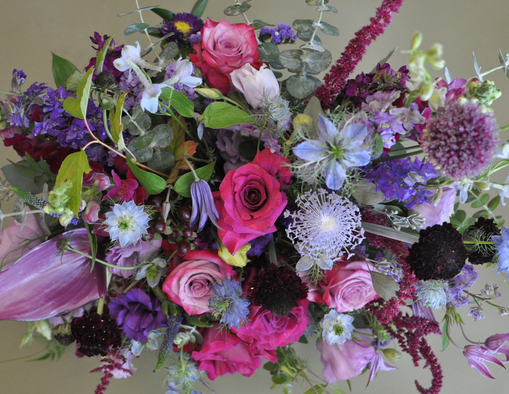 wildflora enchanted autumn collection blog post purple pink twilight in the garden arrangement flowers floral rose scabiosa allium anthurium clematis lisianthus delphinium amaranth