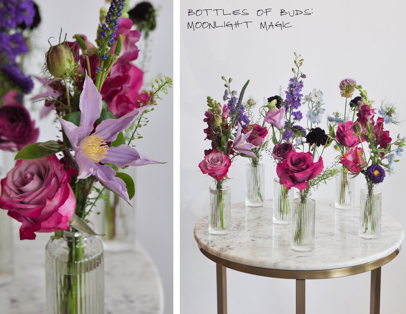 wildflora enchanted autumn collection blog post purple pink bottles of buds midnight magic flowers floral rose scabiosa allium anthurium clematis lisianthus delphinium amaranth