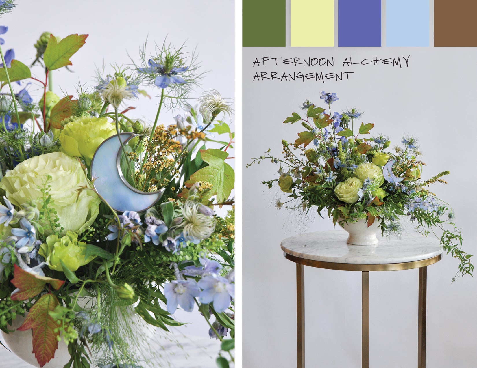 wildflora enchanted autumn collection blog post afternoon alchemy arrangement blue green rode delphinium forget me not