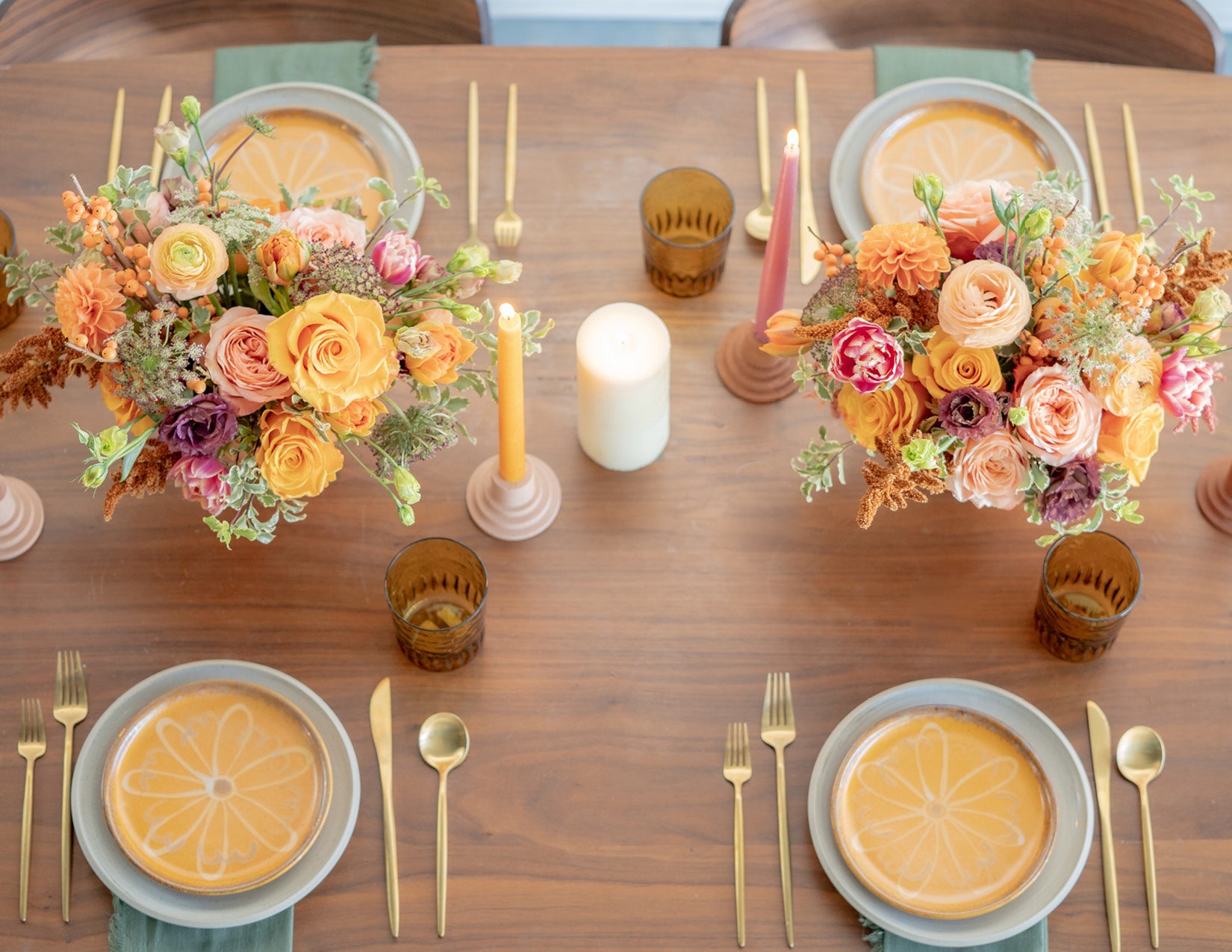 WildFlora Thanksgiving Gather Collection blog table holiday tablescape idea twin pink flower arrangements