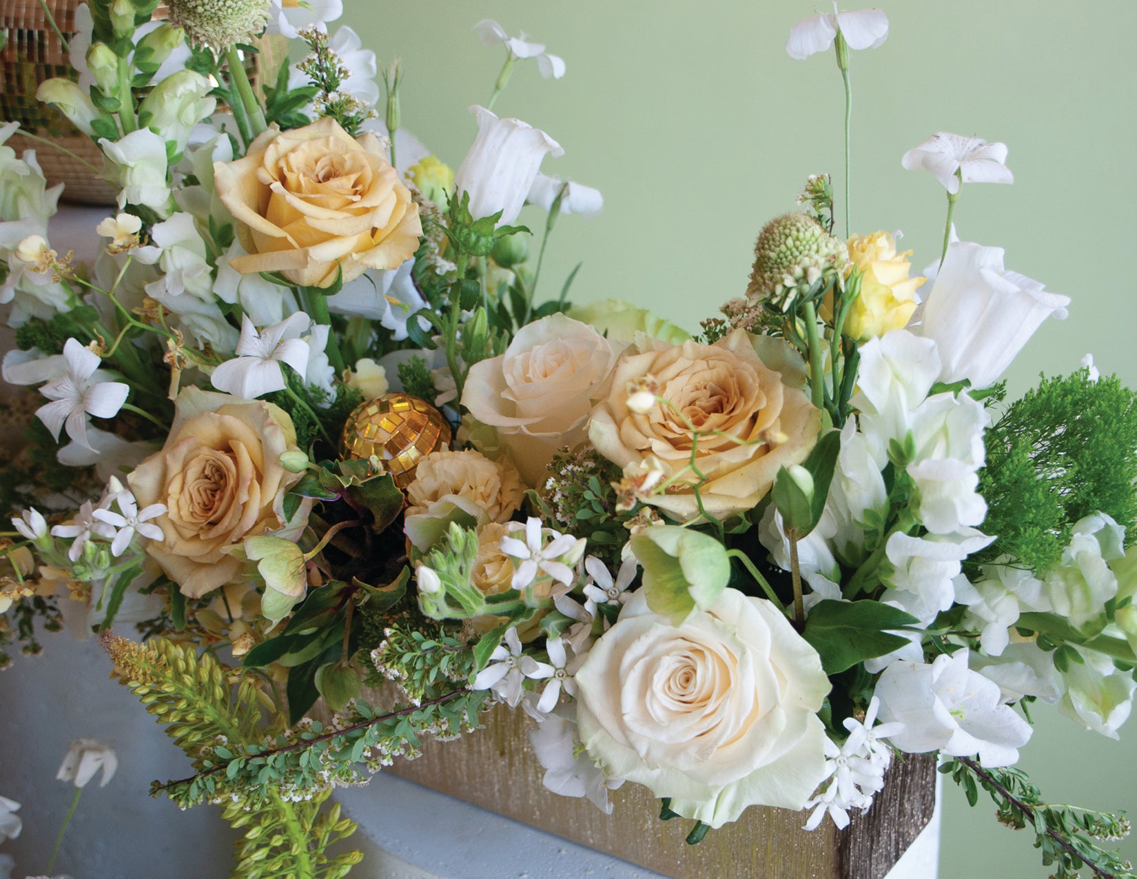 WildFlora Event Florals bat mitzvah Flowers Gold Yellow Green White Disco Roses Dahlias Scabiosa Hellebore Oncidium Orchids Trachelium Tweedia Ranunculus Agrostemma