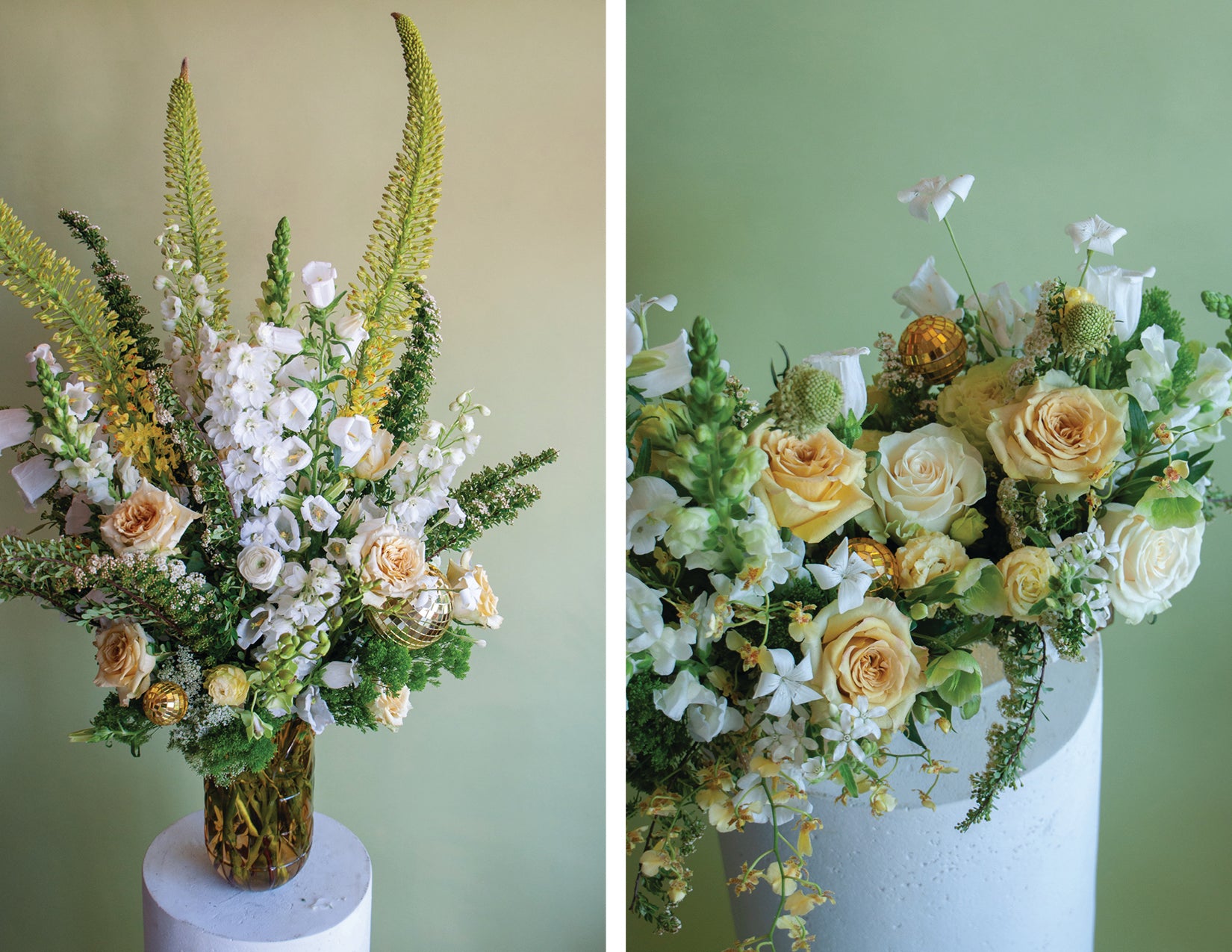 WildFlora Event Florals bat mitzvah Flowers Gold Yellow Green White Disco Roses Dahlias Scabiosa Hellebore Oncidium Orchids Trachelium Tweedia Ranunculus Agrostemma