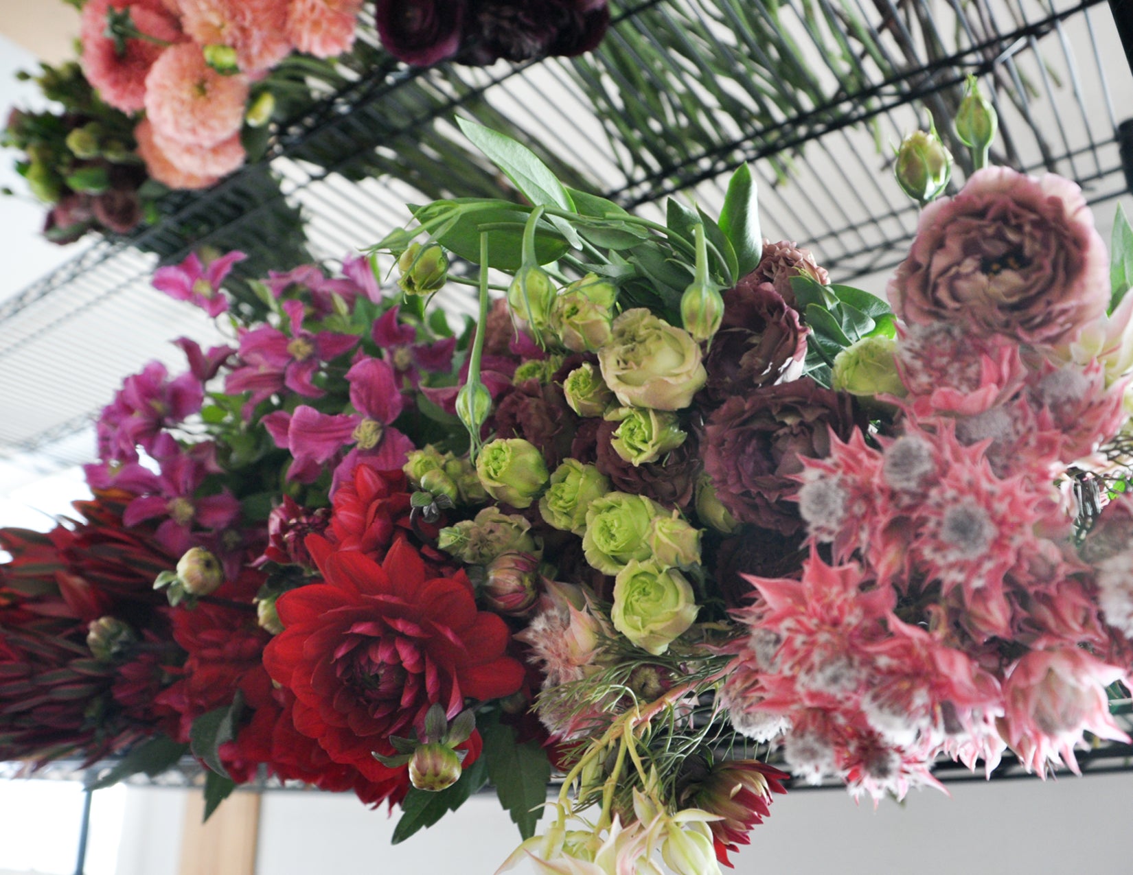 WildFlora revelon x nailea devora event florals flowers arrangements red orange maroon lisianthus blushing bride protea