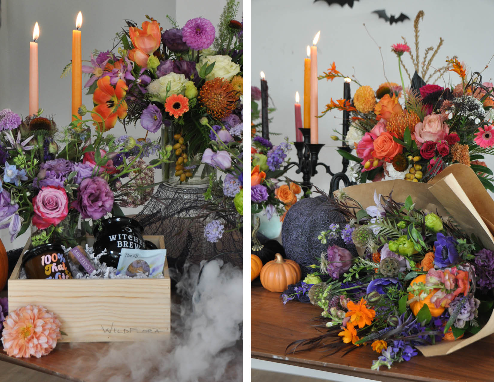 WildFlora Halloween Spooky Season Enchanted Autumn October Magic Witchy haunting flowers floral purple pink orange black green pastel dry ice taper candles