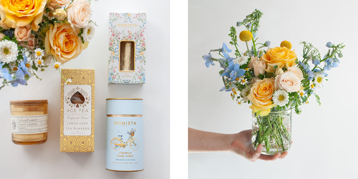 WildFlora Special Delivery Valentine's Gift Box Candle Fresh Flowers yellow rose blue delphinium tea time loose leaf infuser dunker cookies biscuits