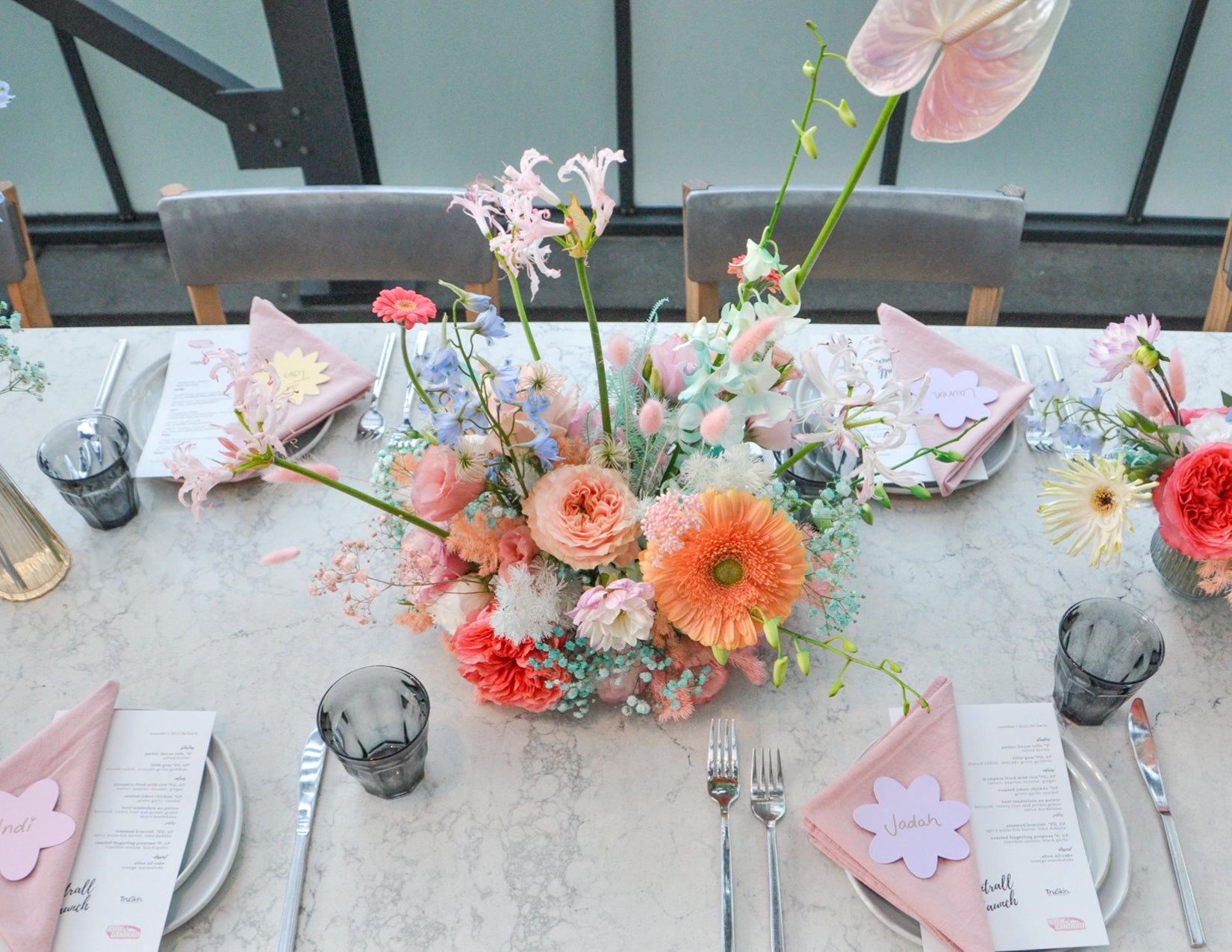 WildFlora TruSkin Kylie Cantrall Event collaboration iridescent iridescence color pastel rainbow palette anthurium ranunculus rose dahlia daisy delphinium lily orchid magical shimmer tablescape setting place