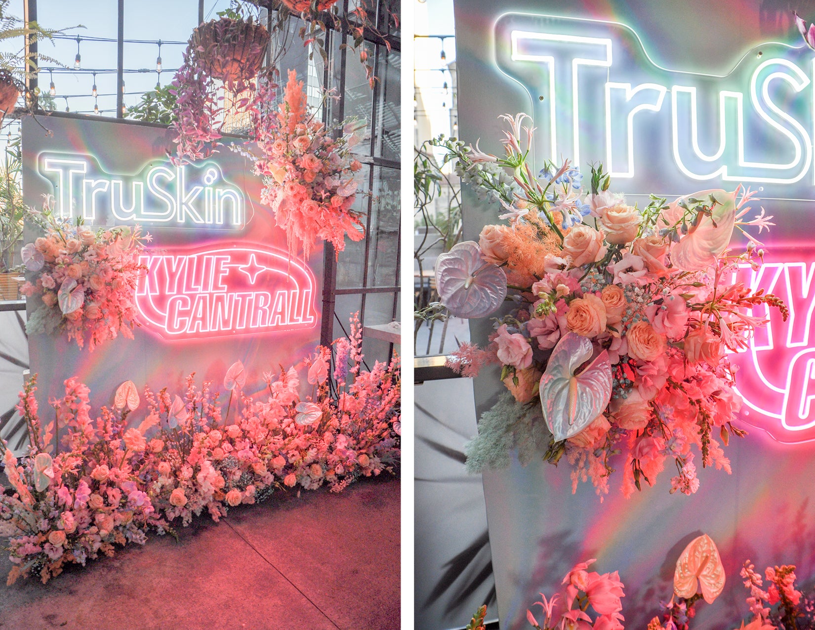 WildFlora TruSkin Kylie Cantrall Event collaboration iridescent iridescence color pastel rainbow palette anthurium ranunculus rose dahlia daisy delphinium lily orchid magical shimmer wall photo booth