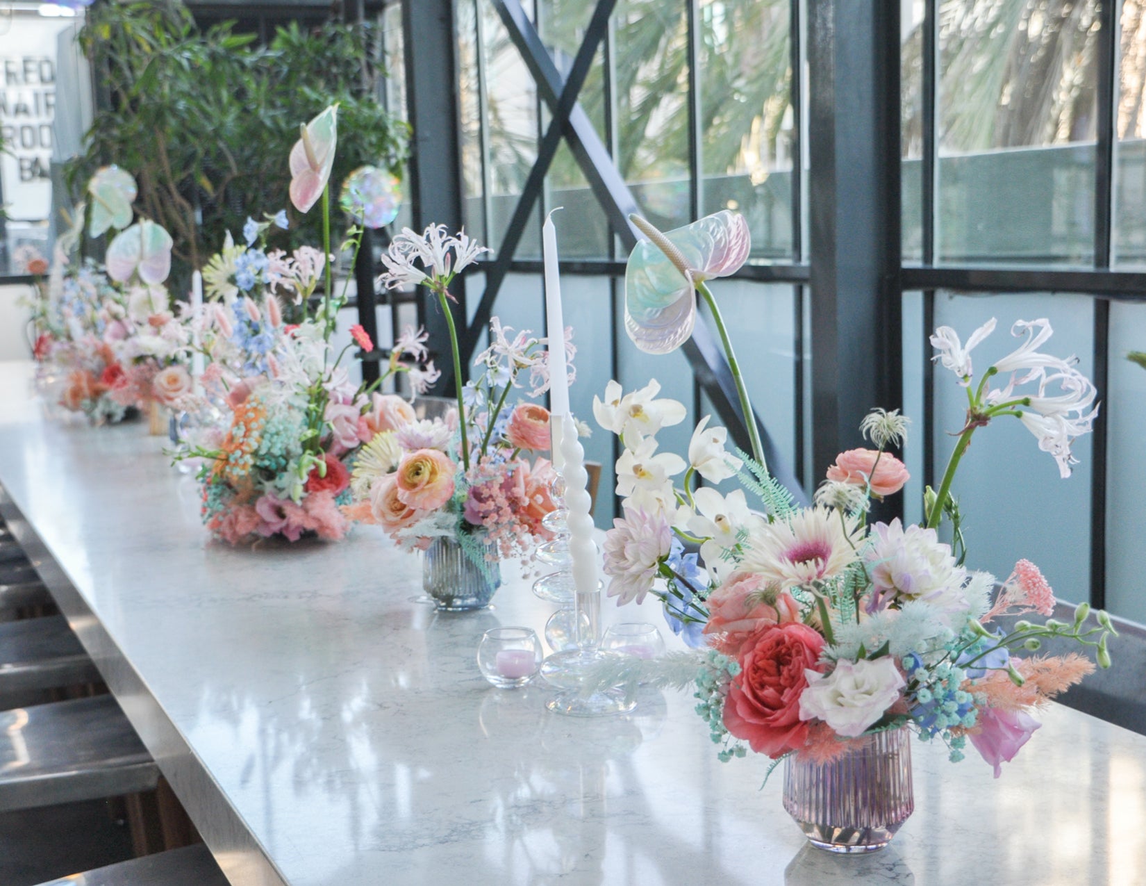 WildFlora TruSkin Kylie Cantrall Event collaboration iridescent iridescence color pastel rainbow palette anthurium ranunculus rose dahlia daisy delphinium lily orchid magical shimmer table