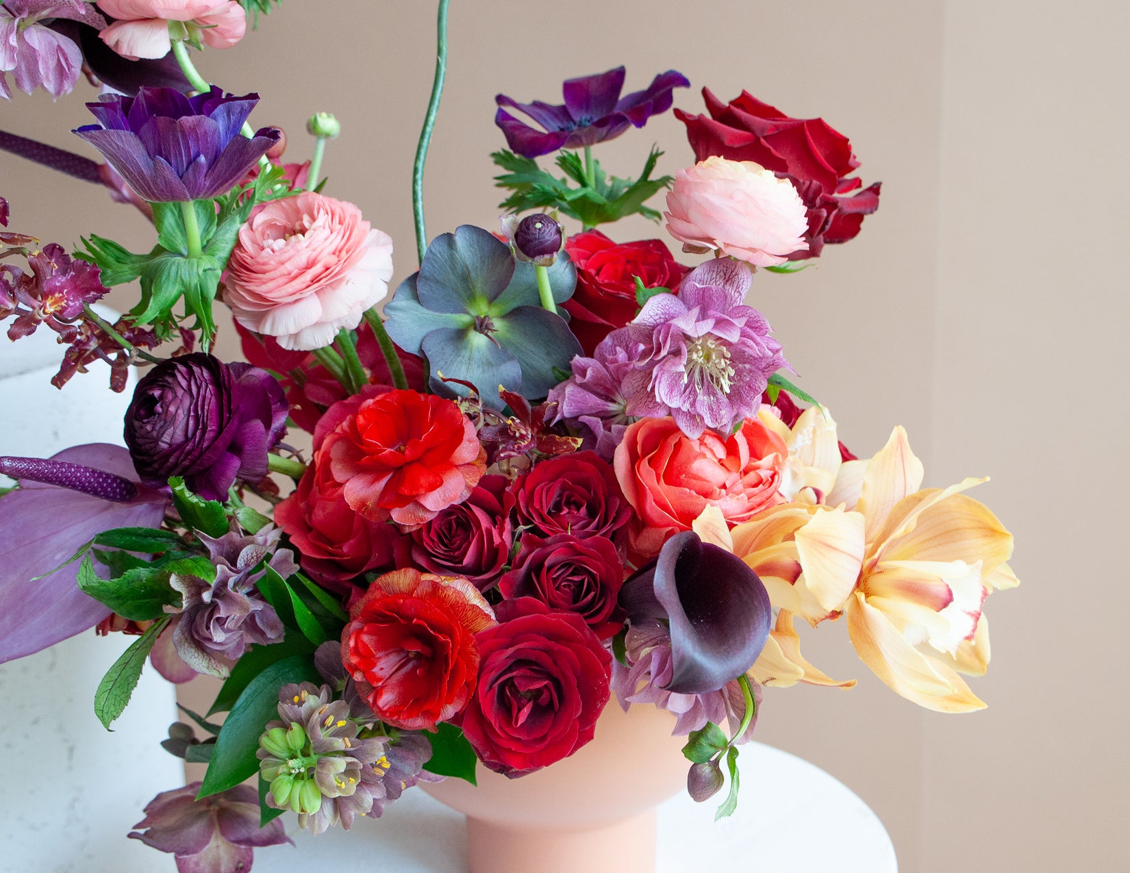 WildFlora blog You Tube Theater Event Flowers Florals Los Angeles Hollywood high end premium rose ranunculus calla lily anthurium hellebore orchid anemone allium red lavender purple violet moody dark peach terracotta vase container