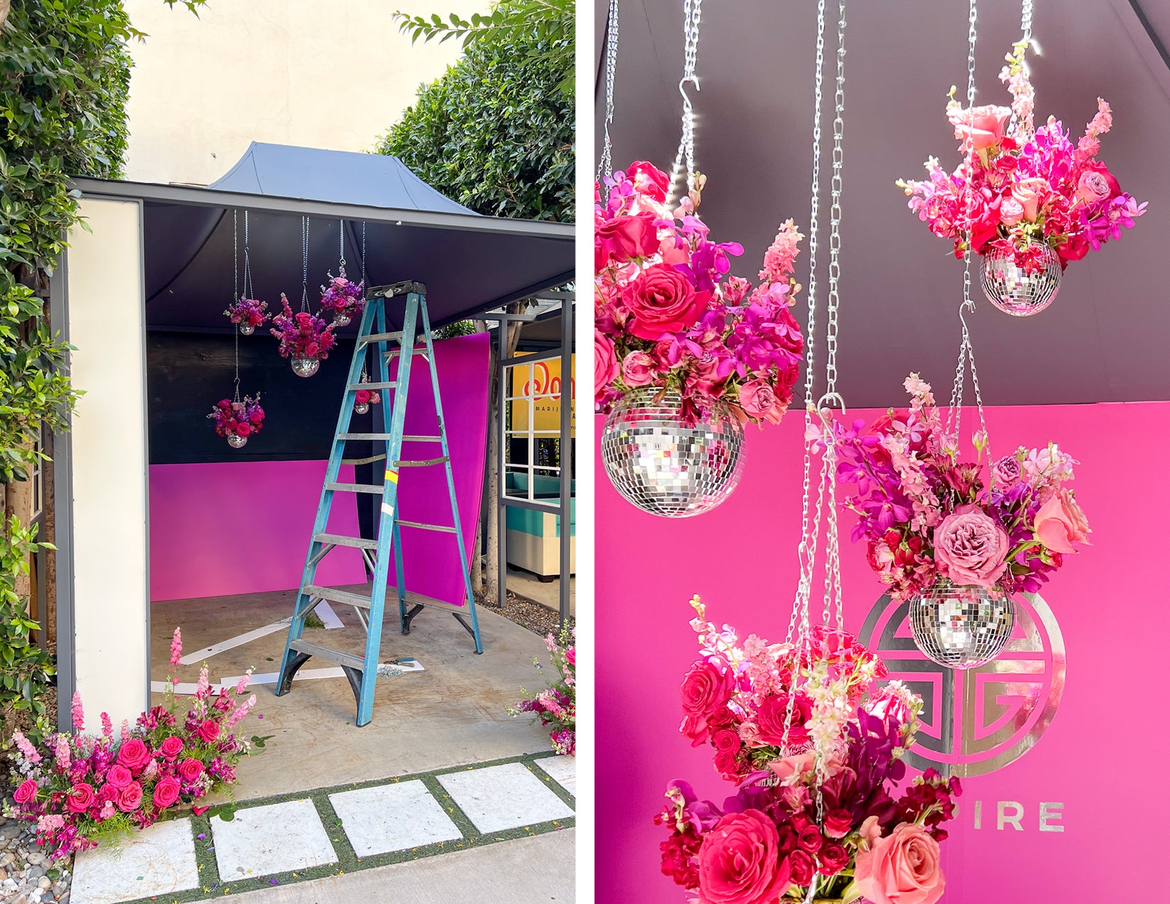 WildFlora blog Empire Records Event florals color blocked monochromatic pink yellow orange purple floating rose petals large arrangements bright fun colors vibrant jewel tones color palette disco mirror ball cabana eden sunset hollywood