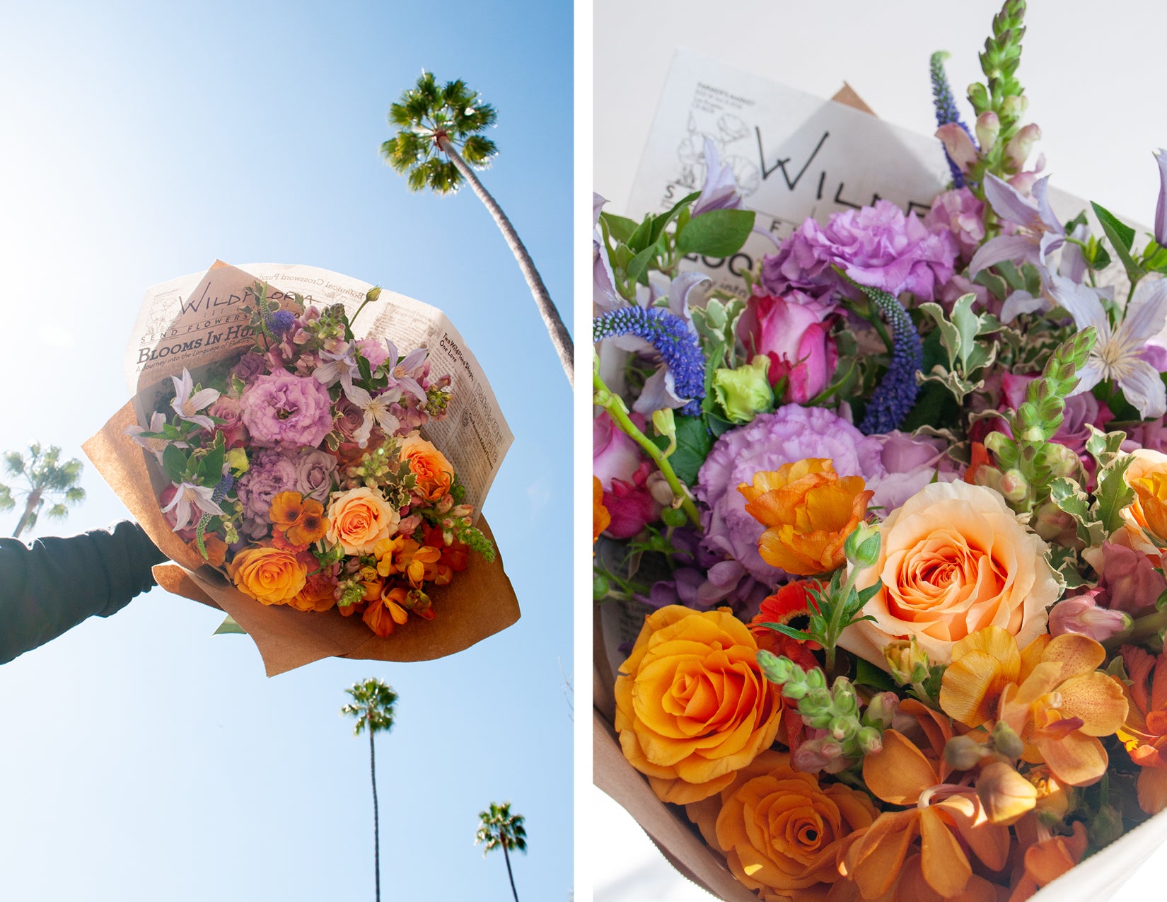 wildflora spring bouquet wrapped newspaper flowers floral arrangement los angeles color block pink yellow orange purple two tone dual petal pair rose sky palm tree