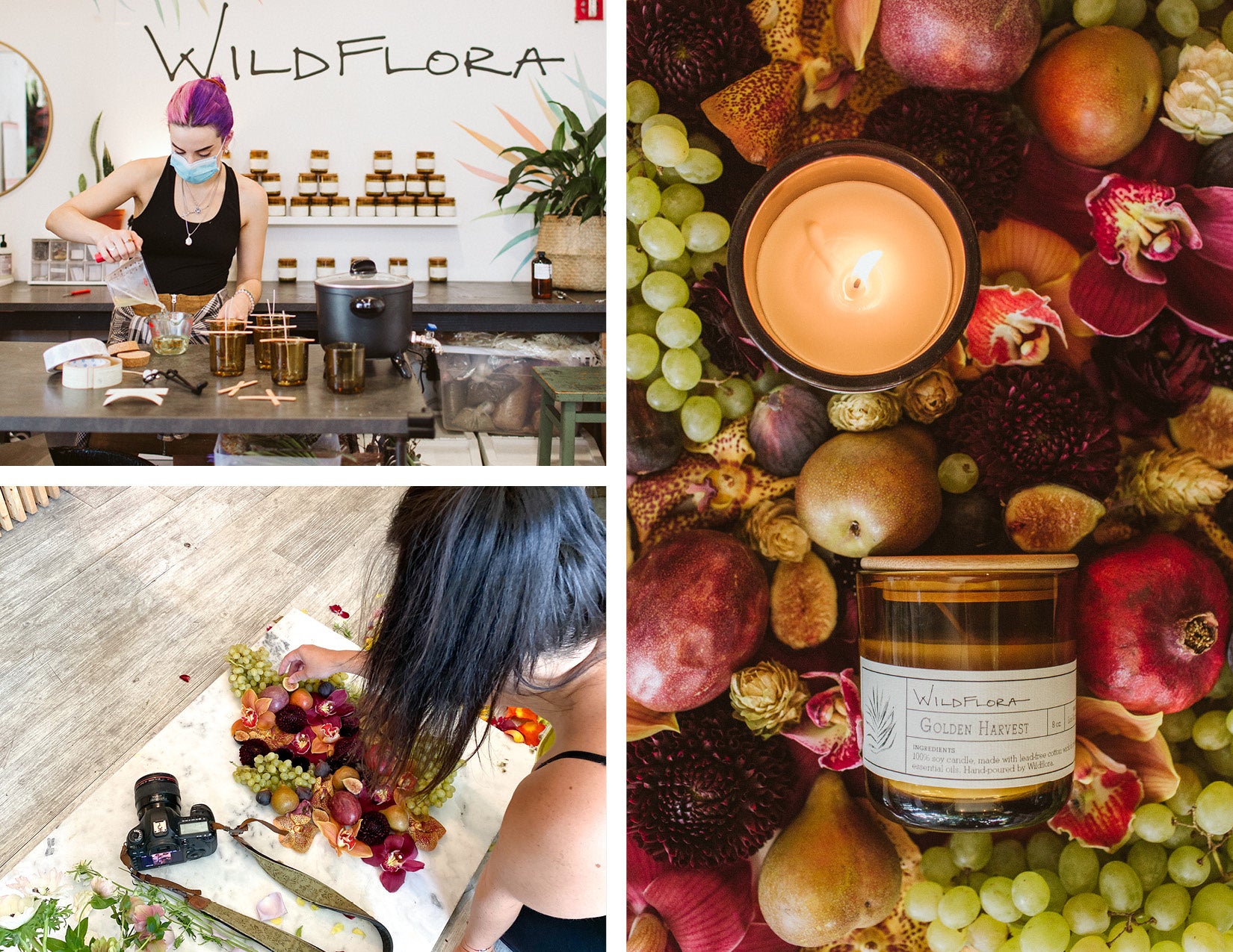 WildFlora small shop Saturday holiday business woman-owned behind the scenes fresh flowers florist candle pour handmade photography shoot fruit