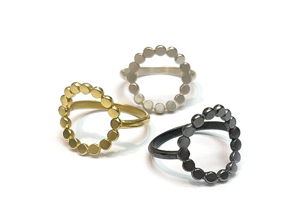 unique contemporary beaded ring in gold, silver and oxidized silver made by jewelry artist