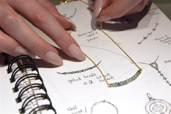 montana sapphire gold necklace laying on a sketch book with original drawings showing the same necklace design