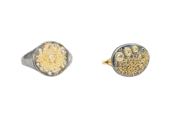 2 signet rings with striking contrast of gold, oxidized silver and diamonds