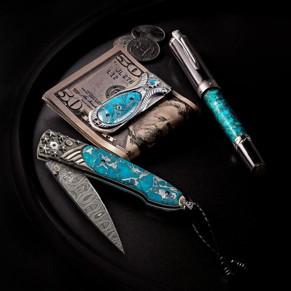 turquoise collectible knife, pen and money clip