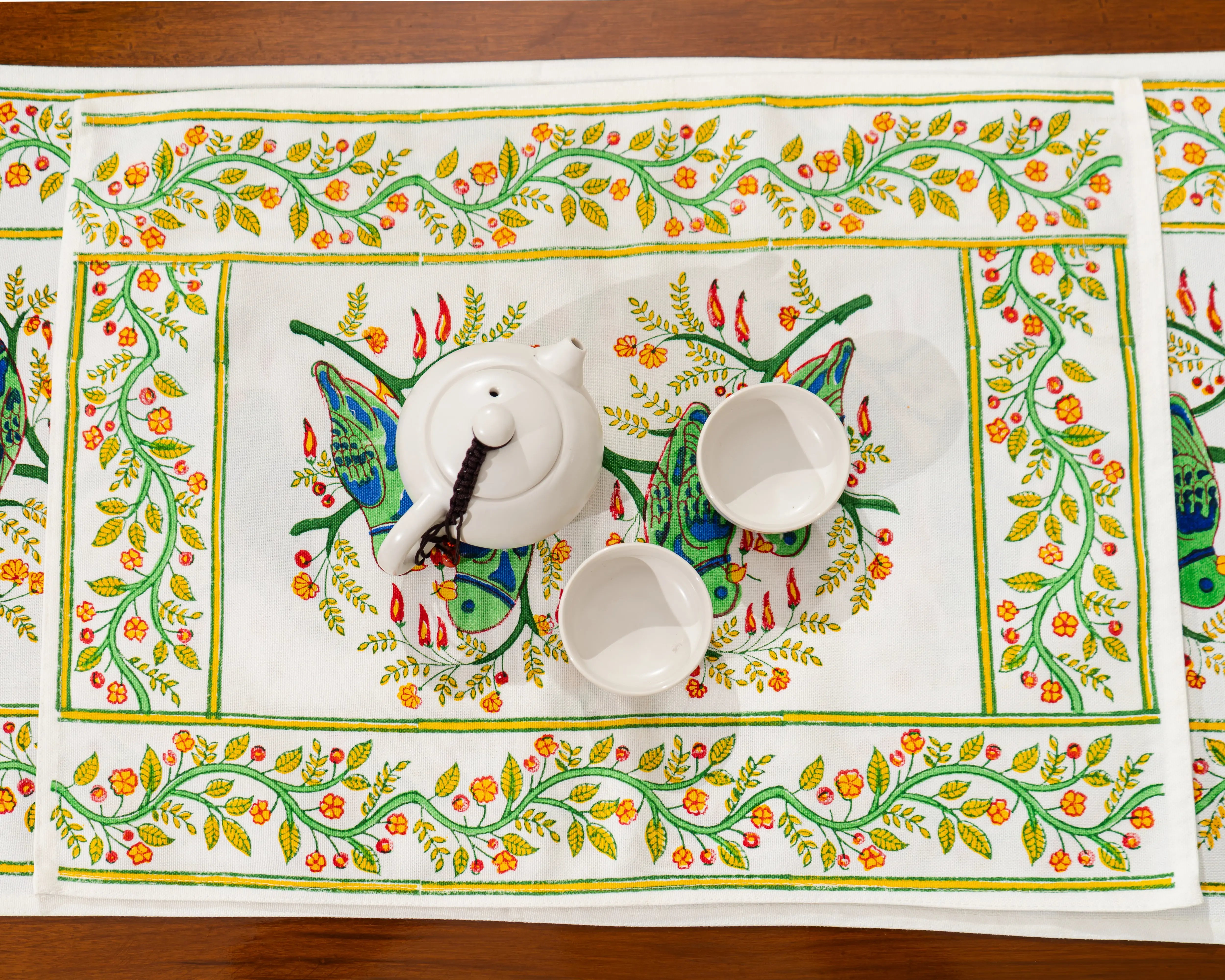 Parrot Grove – Handcrafted Jute Cotton Block Print Placemats-Jaipur Rajasthani Table Runner With Mats SUKHARA HOME and LIFESTYLE