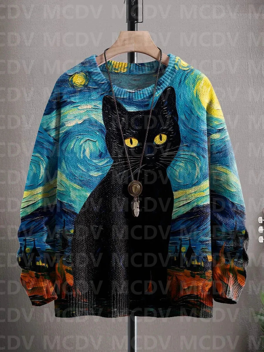 Men's and Women's funny cat art pattern print casual knit pullover sweater