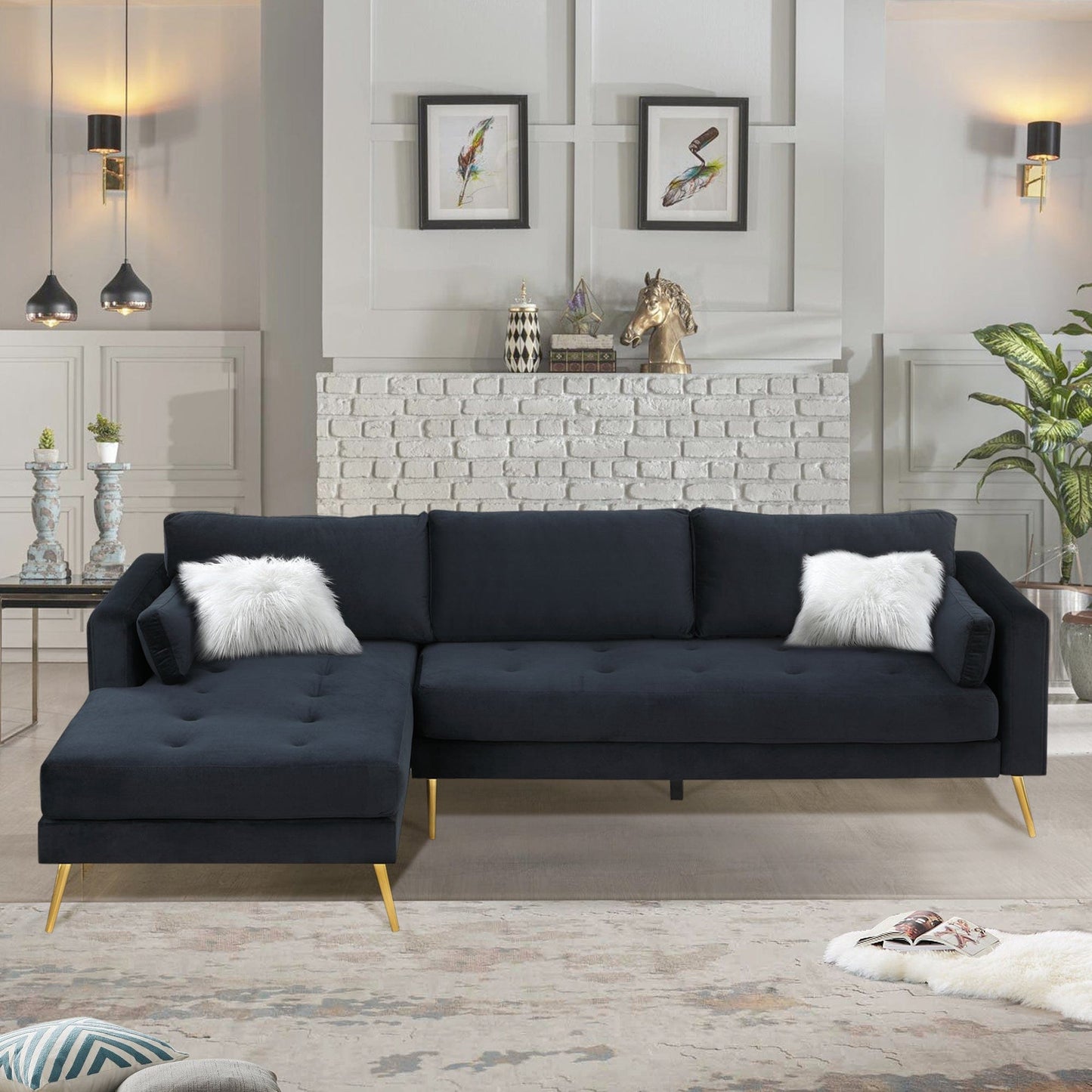 Sectional Sofa with Two Pillows, L-Shape Upholstered Couch with Modern Elegant Velvet for Living Room Apartment