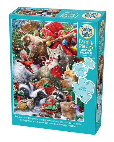 animals piled together in Christmas cheer