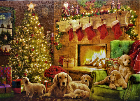 Christmas scene with decorated tree and puppies laying by fireplace