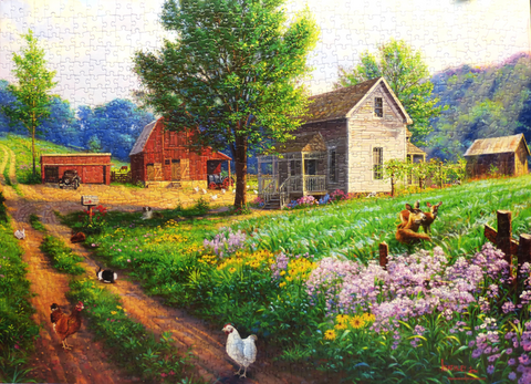 Image of a finished puzzle featuring rural road, house, and animals