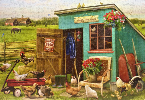 blue hen house on a farm with chickens that is a jigsaw puzzle